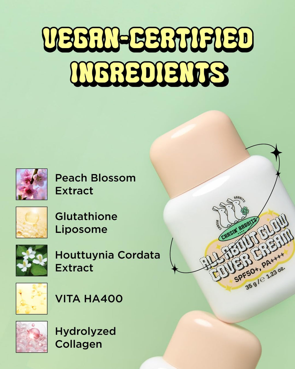 CHASIN' RABBITS All About Glow Cover Cream 1.23 Oz, Lightweight, Hydrating, Long-Lasting Radiance for a Flawless Glow, Smooth Skin Texture, Vegan, Korean Makeup