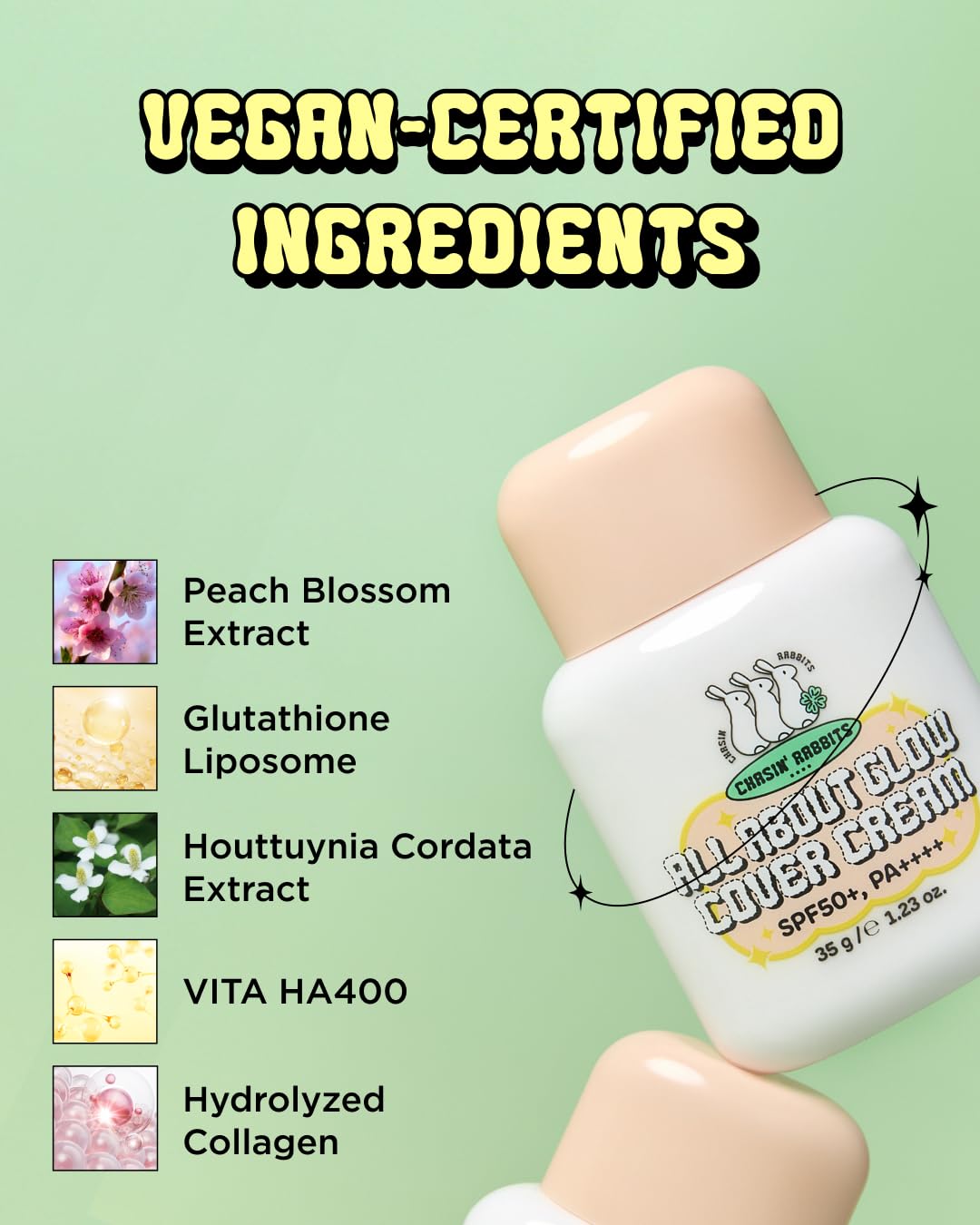 CHASIN' RABBITS All About Glow Cover Cream 1.23 Oz, Lightweight, Hydrating, Long-Lasting Radiance for a Flawless Glow, Smooth Skin Texture, Vegan, Korean Makeup