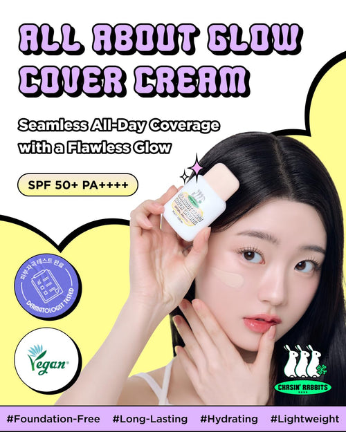 CHASIN' RABBITS All About Glow Cover Cream 1.23 Oz, Lightweight, Hydrating, Long-Lasting Radiance for a Flawless Glow, Smooth Skin Texture, Vegan, Korean Makeup