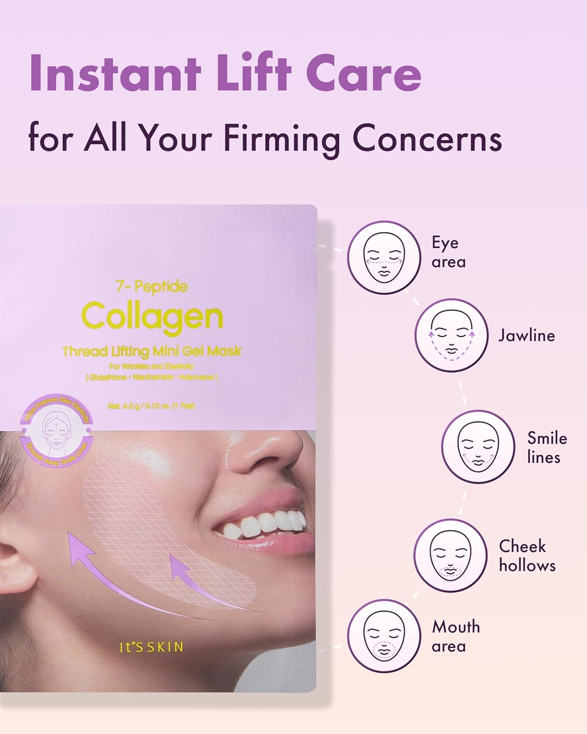 It'S SKIN 7-Peptide Collagen Thread Lifting Mini Gel Mask 20ea, Real Collagen Lifting Patches for Firming, Tightening and Skin Elasticity, Korean Skincare